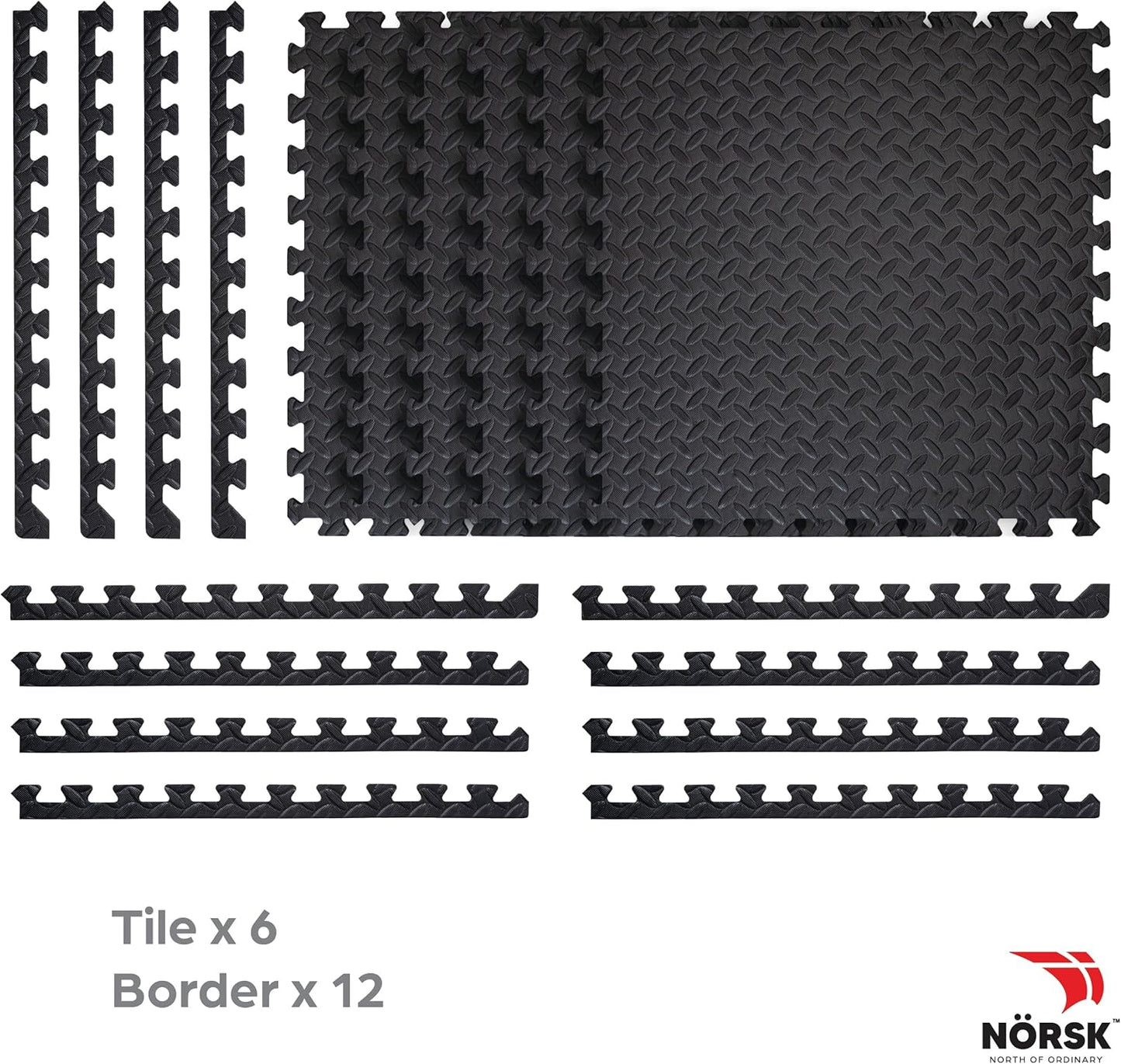 Norsk Foam Floor Gym Mats with Interlocking Tiles, .47" Thick, 24"x24", 30-Pack, 120 Square Feet, Diamond Plate Design, Black
