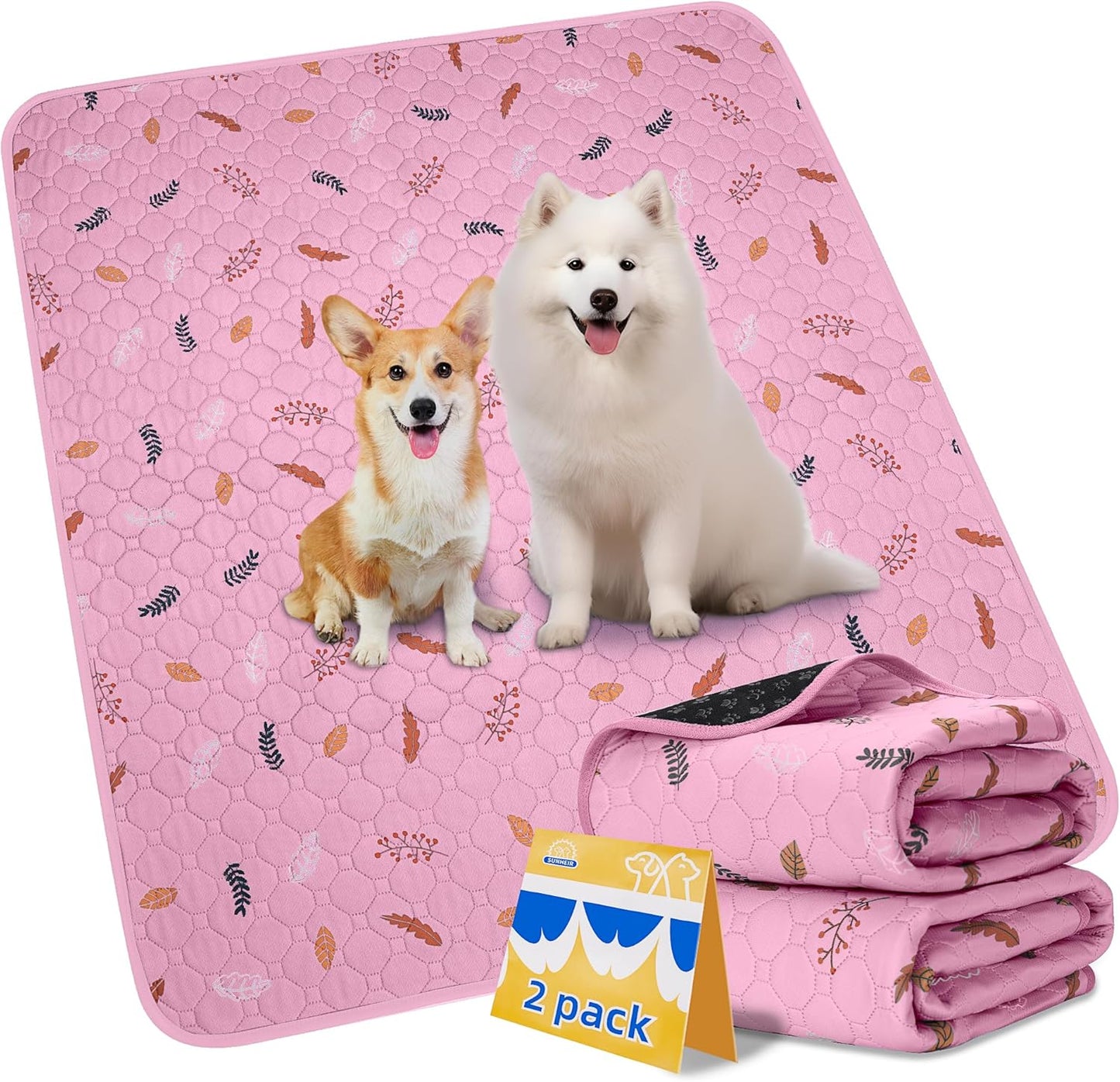 Sunheir Washable Pee Pads for Dogs Large 48" x 48" 2-Pack Reusable Puppy Pads Pet Training Pads, Absorb Dog Mats, Whelping Pad, Non-Slip Protects Against Urine Leakage (Leaves - Pink, 48x48)