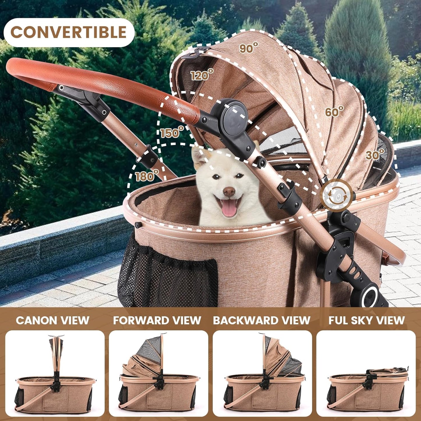 Pet Stroller with 4 Wheels, Foldable Pet Travel Carrier for Small/Medium Dogs Cats up to 50lbs, Detachble Portable Pet Bag, Storage Basket, Car Seat 3 in 1 Multifunctional (Tan)