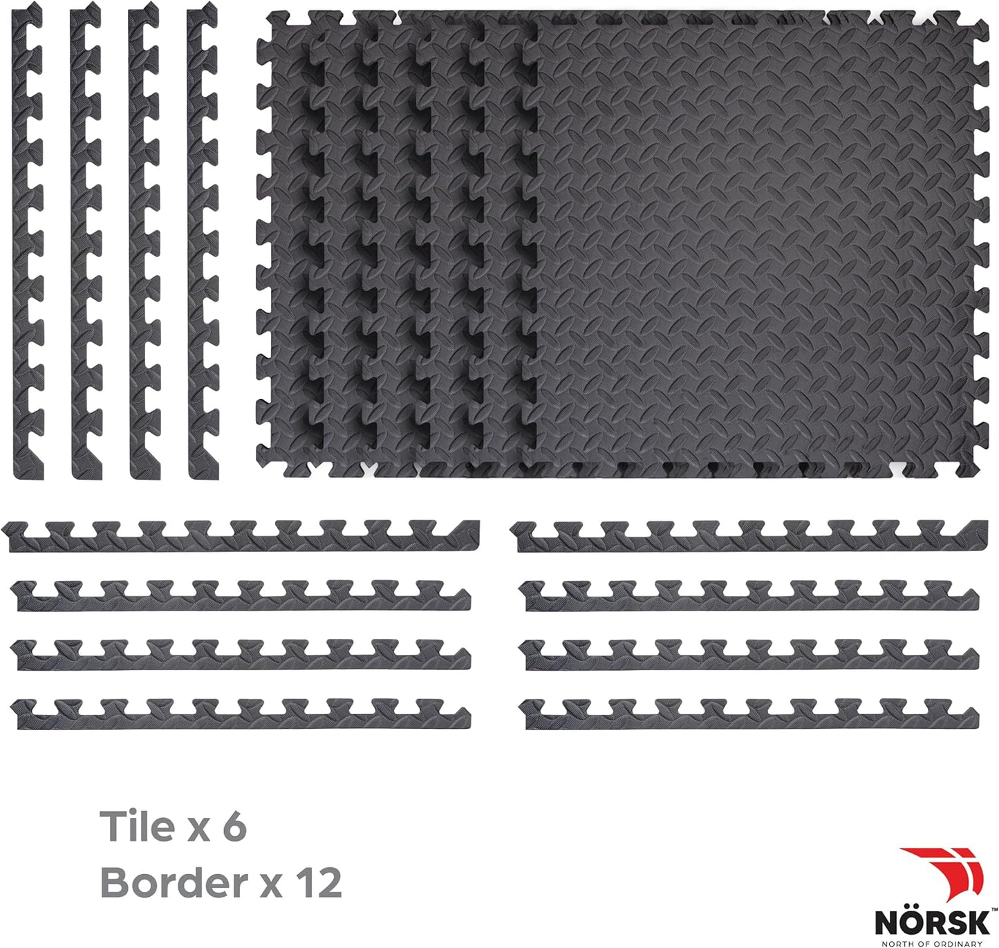 Norsk Foam Floor Gym Mats with Interlocking Tiles, .47" Thick, 24"x24",6-Pack, 24 Square Feet, Diamond Plate Design, Grey
