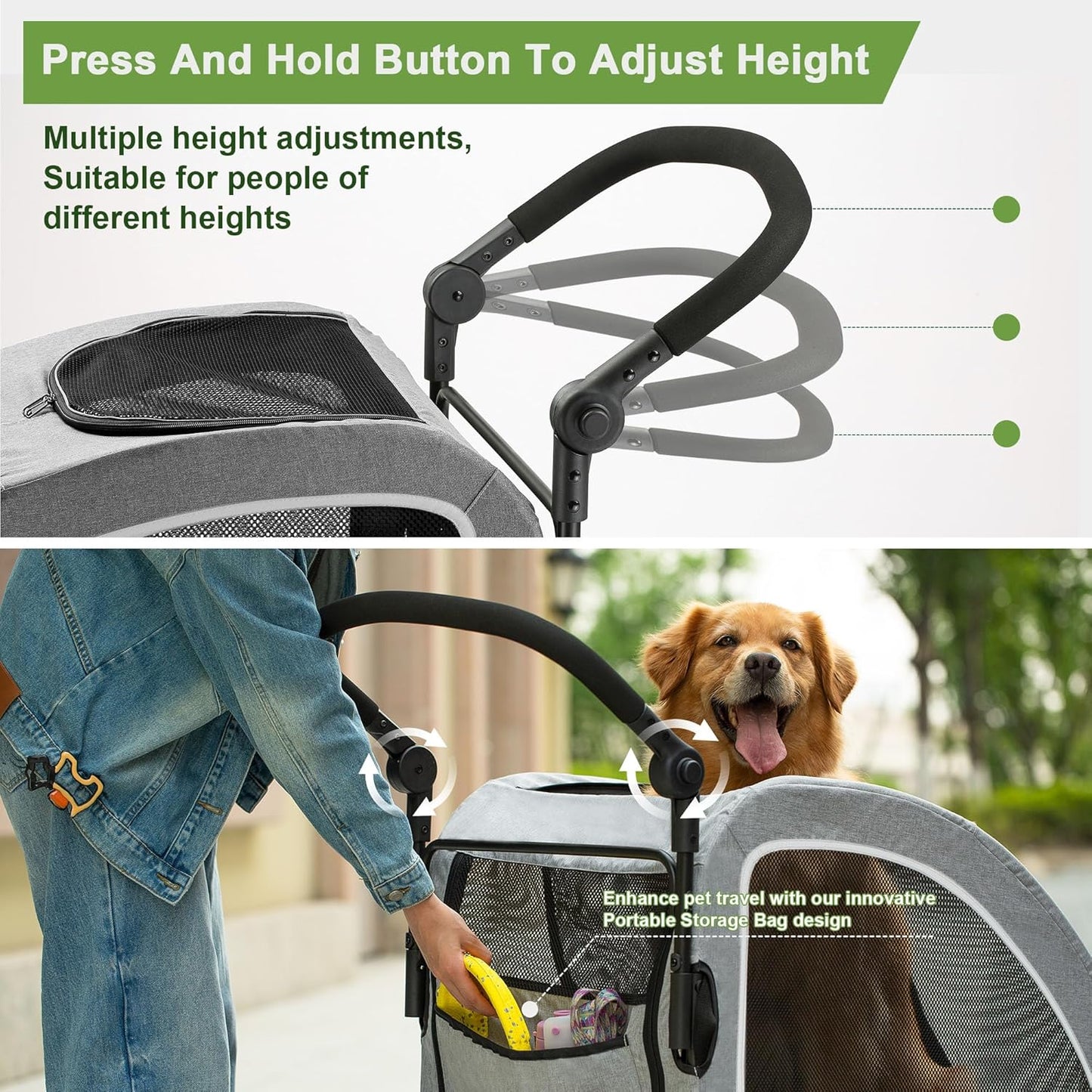 Large Dog Stroller - Dual Entry Safety Folding Pet Stroller with Adjustable Handle, All-Terrain 4-Wheel, 160 lbs Weight Capacity for Travel & Outdoor Adventures - Gray