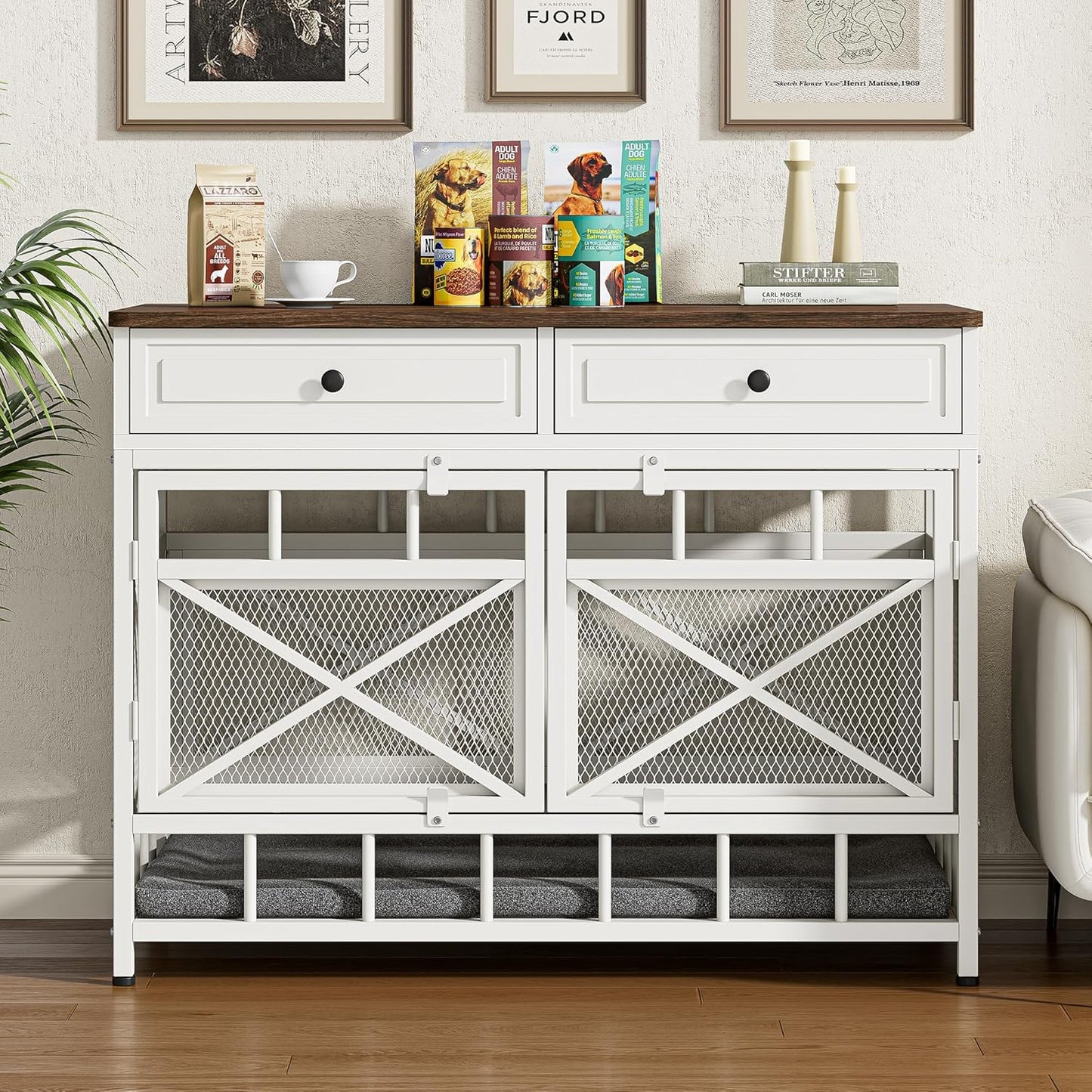 IRONCK 44 inch Large Dog Crate Furniture, Wooden Dog Kennel with Storage Drawers for Medium/Large Dogs, Decorative Dogs Kennel Indoor, White and Walnut