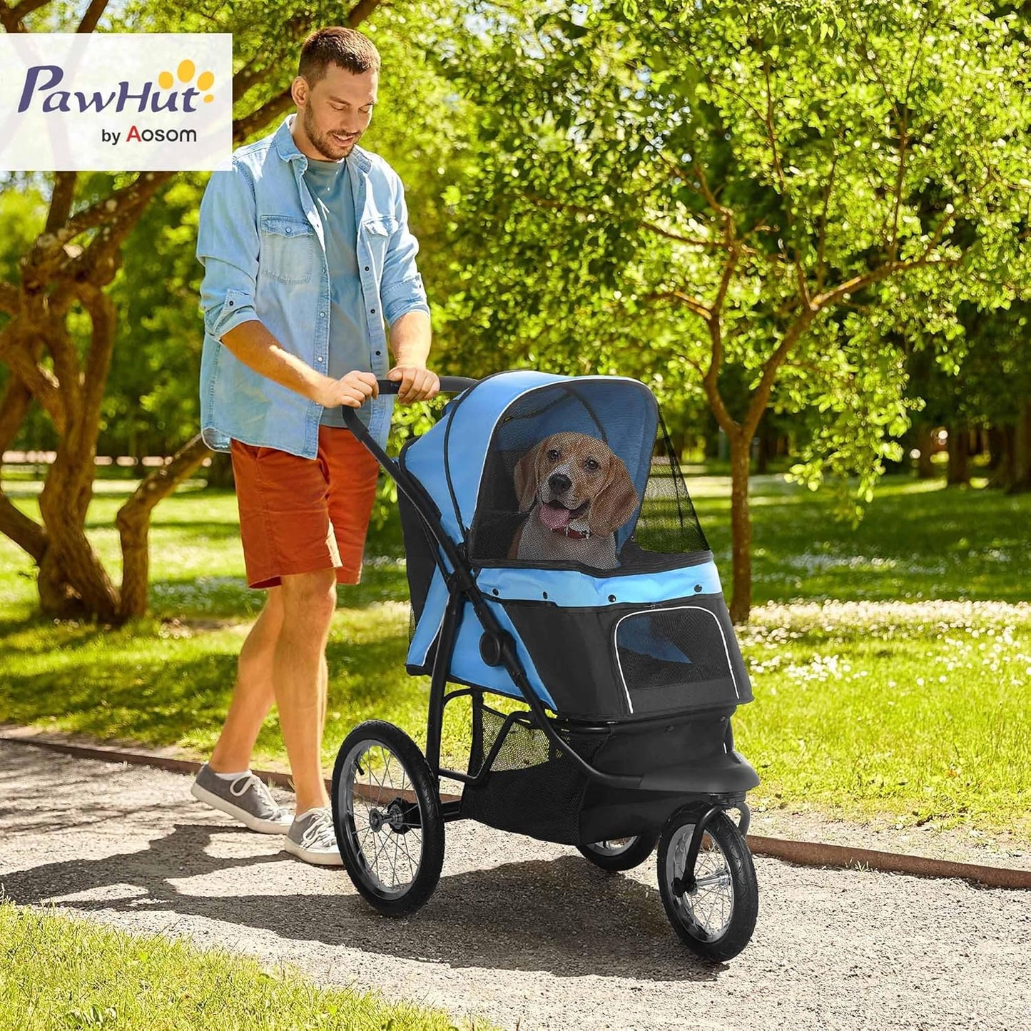 PawHut 3 Wheels Pet Stroller for Small and Medium Dogs, Foldable Cat Stroller Jogger with Adjustable Canopy, Safety Tether, Cushion, Storage Basket, Blue