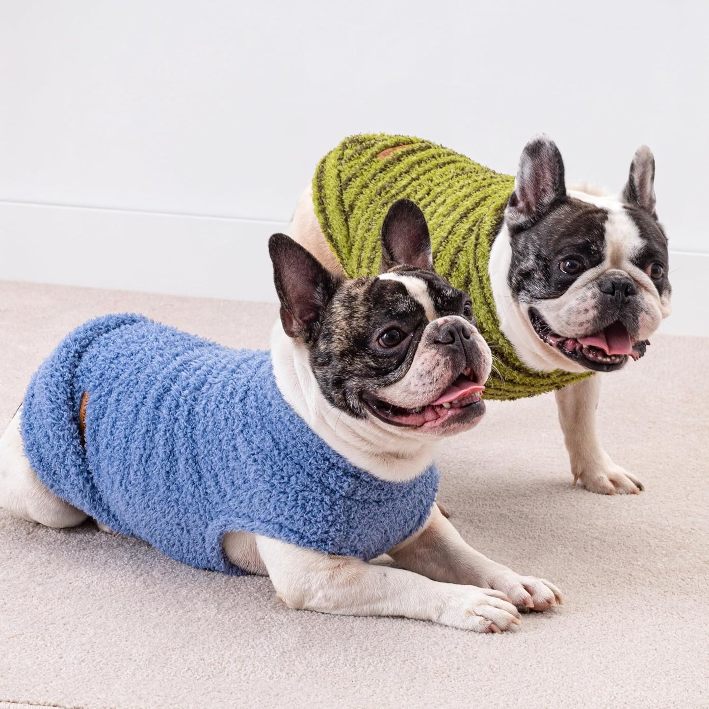 Fitwarm 2 Pack Striped Fleece Dog Sweater, Warm Winter Clothes for Small Dogs Boy Girl, Fuzzy Pet Outfit, Sky Blue, Olive Green, Medium