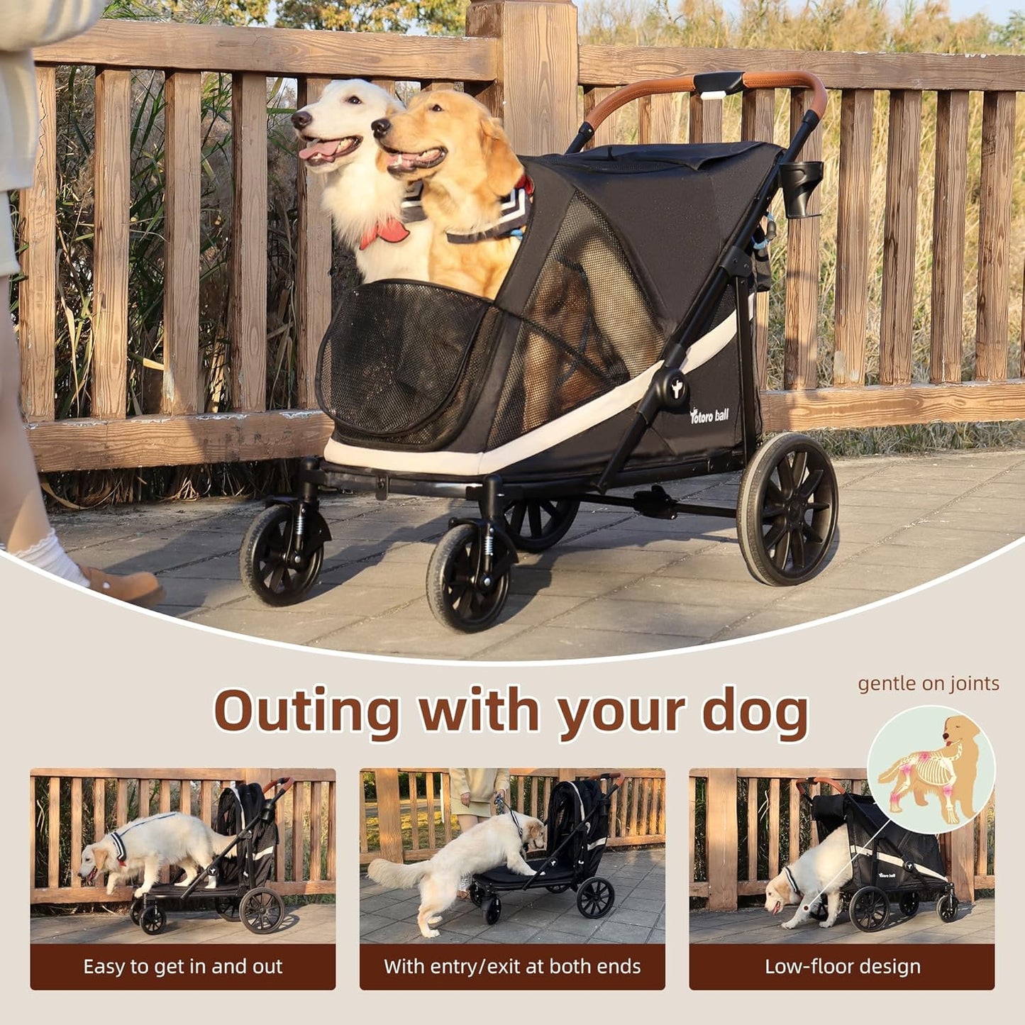 Dog Stroller for Large Dogs One-Click Folding 4 Wheel Foldable Dog Stroller for 2 Dogs with Storage Pocket Suitable for Pets Up to 110LBS (Black, Large)