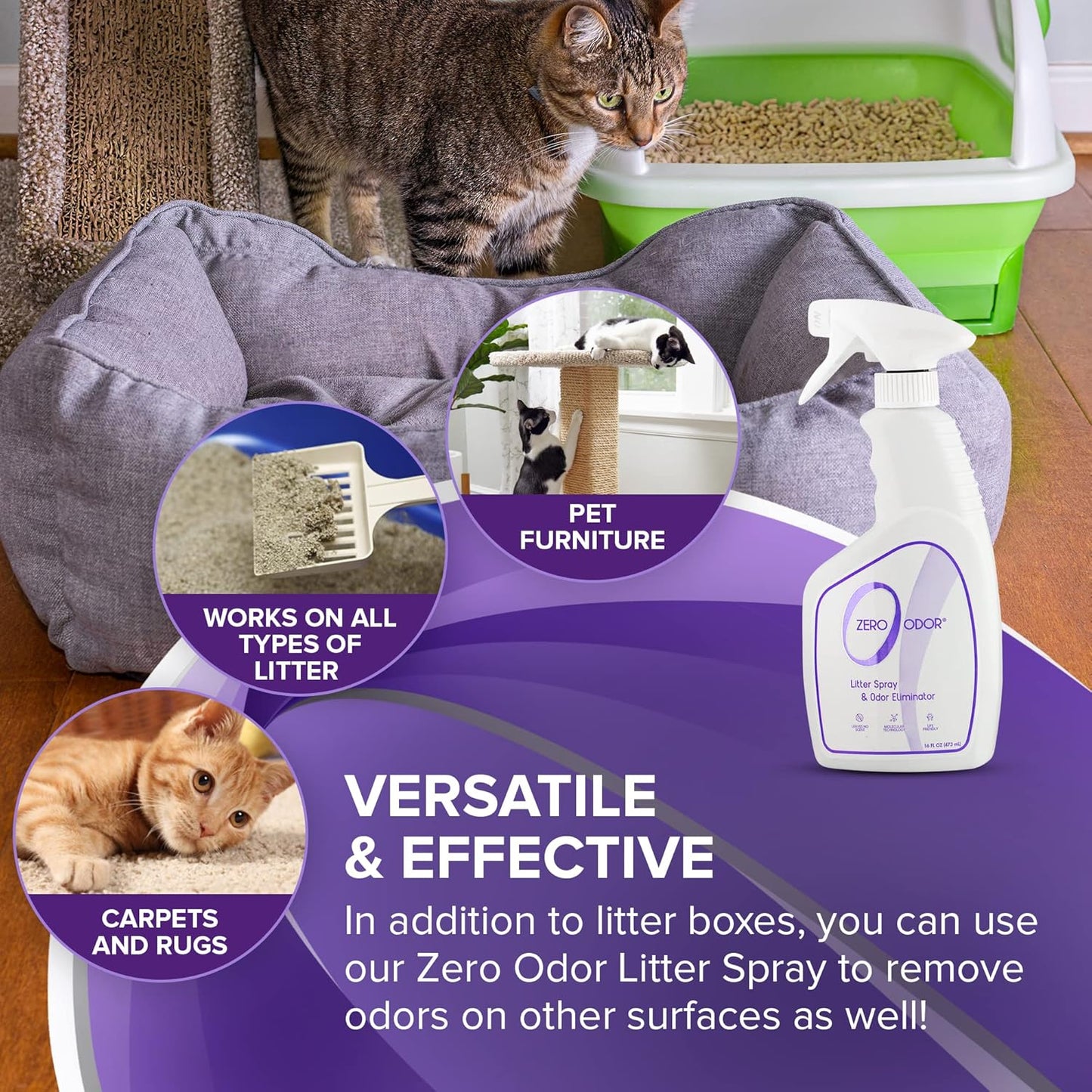 Zero Odor – Litter Odor Eliminator - Permanently Eliminate Litter Odors with Best Patented Molecular Technology - Pet Safe & Works on all types of litter, 16oz (Over 400 Sprays)