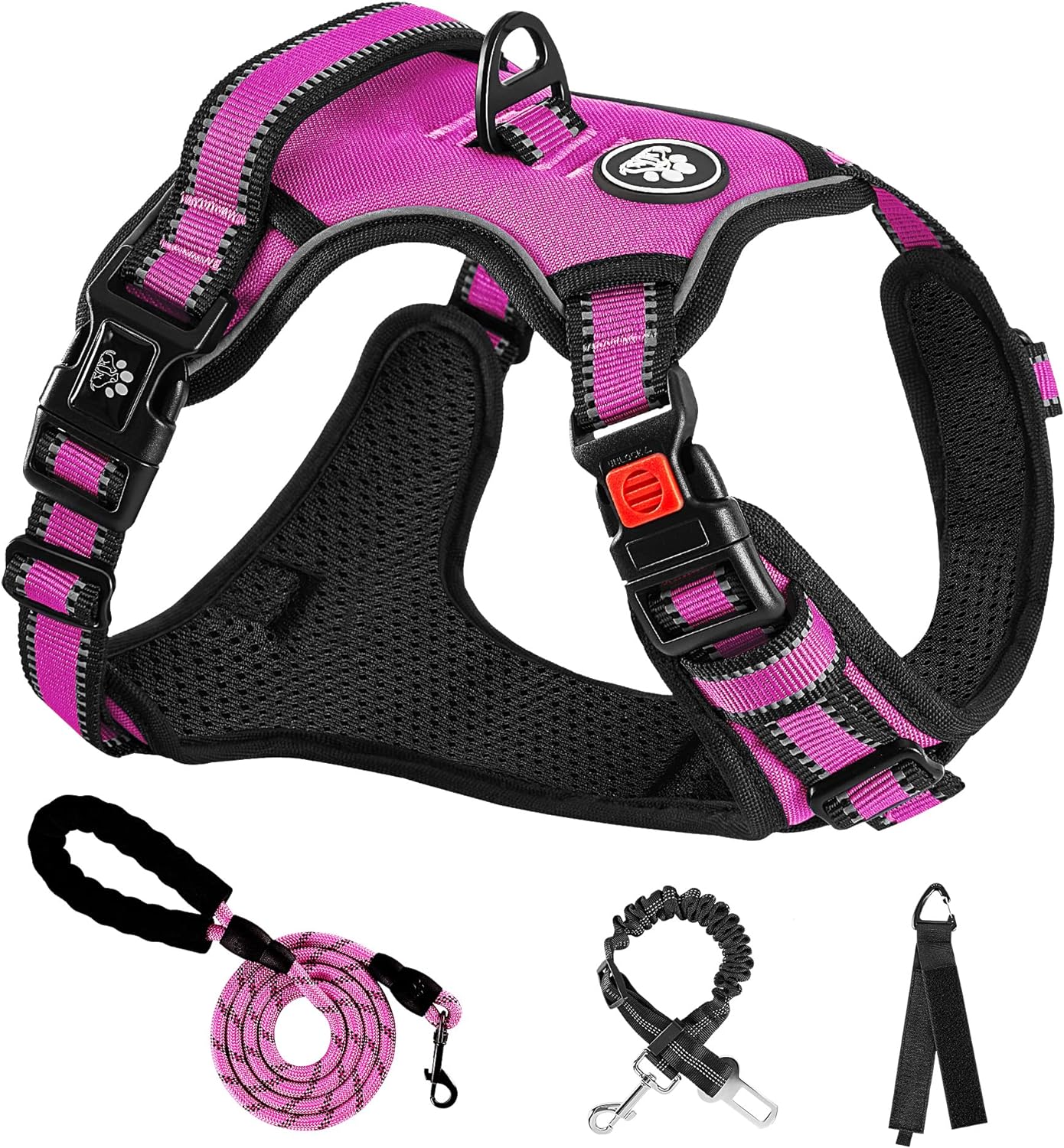 NESTROAD No Pull Dog Harness,Adjustable Oxford Dog Vest Harness with Leash,Reflective No-Choke Pet Harness with Easy Control Soft Handle for Small Medium Dogs(Medium,Fuchsia Pink)