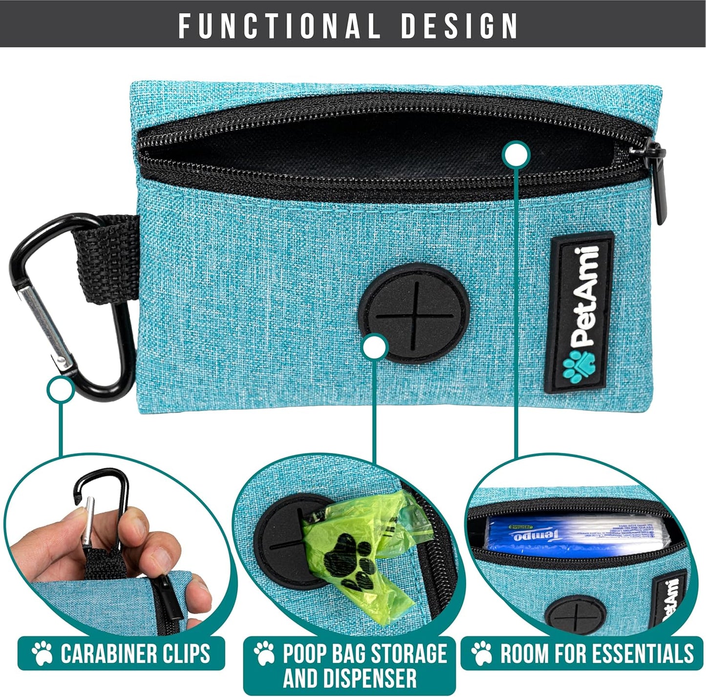 PetAmi Dog Poop Bag Holder for Leash, Dog Waste Bag Dispenser with Clip, Doggy Walking Accessories with Trash Bag Roll, Blue 1 Pack