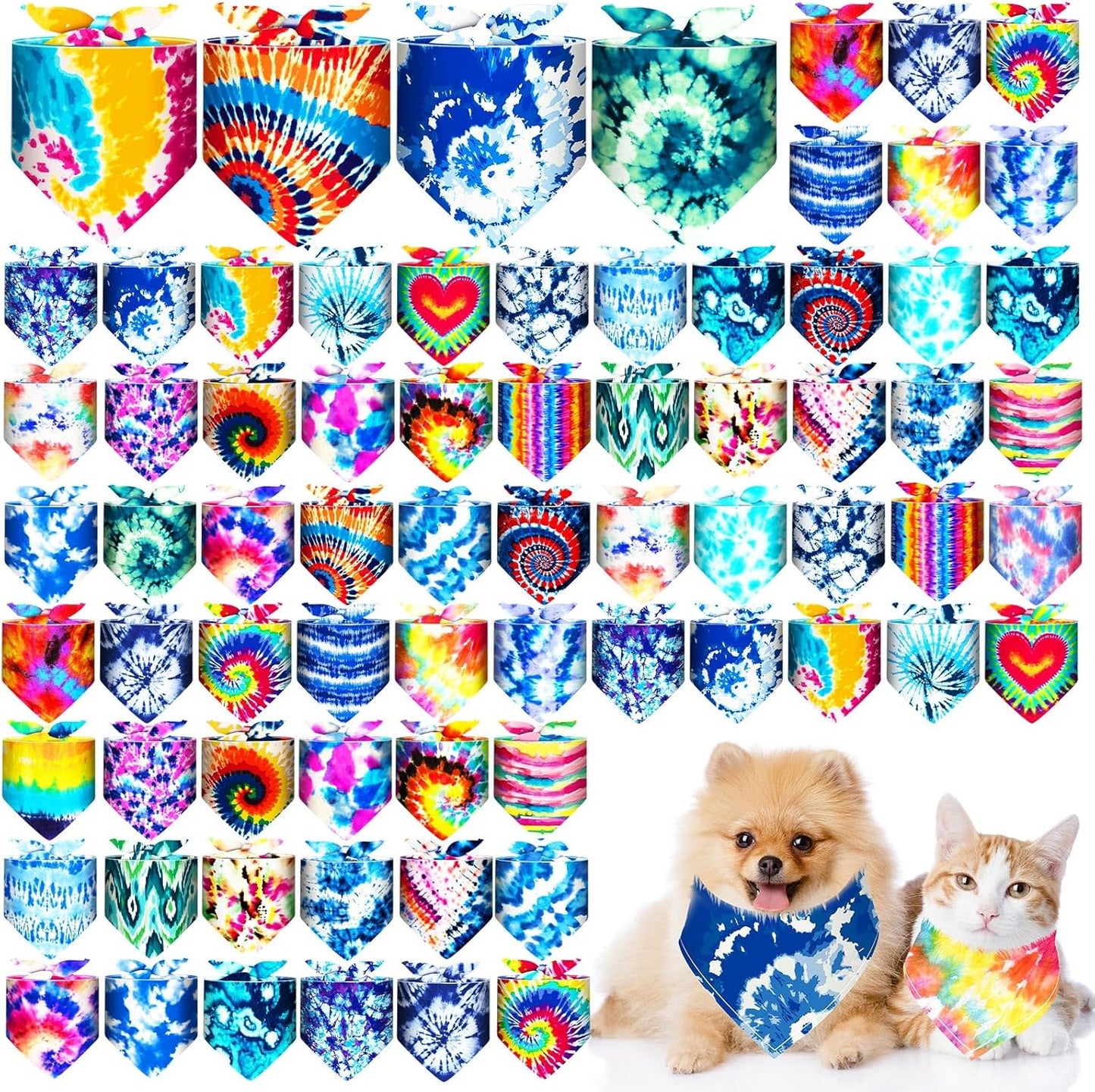 Reginary 72 Pack Tie Dye Dog Bandanas - Bulk Pet Scarf Bibs Triangle Kerchief Adjustable for Pet Grooming Costume Accessories