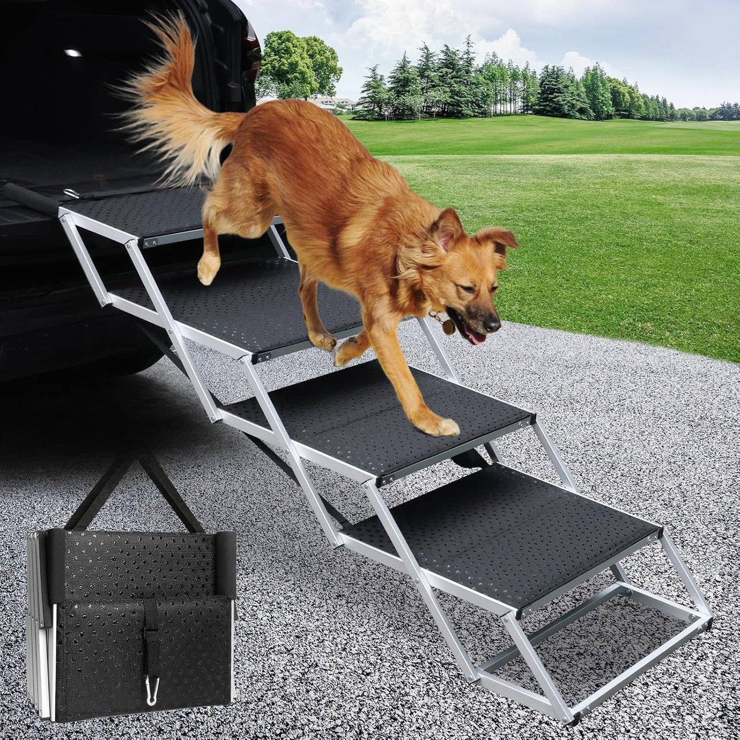 DGSL Dog Ramp for Car, 4-Step Folding Dog Stairs, Aluminum, Black, Supports Up to 250 Lbs