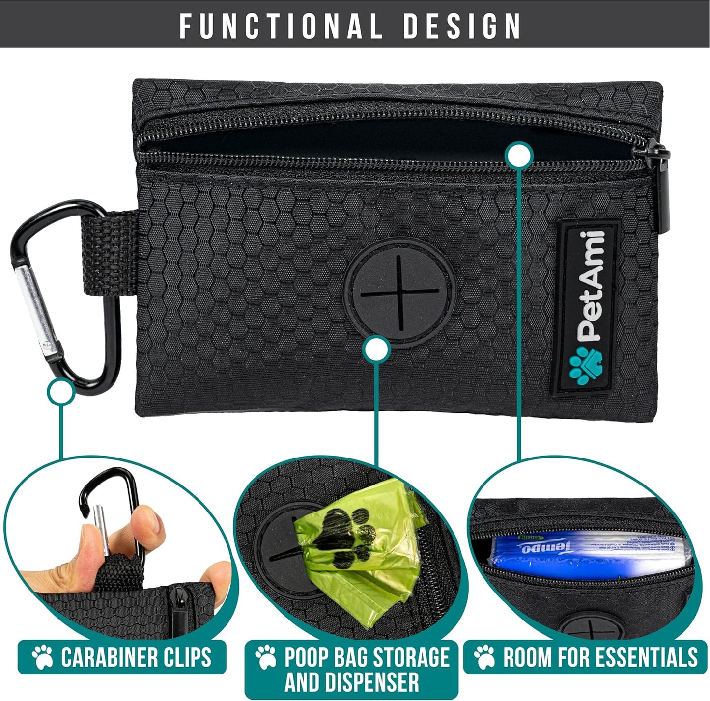 PetAmi Dog Poop Bag Holder for Leash, Dog Poop Bag Dispenser with Clip, Dog Waste Bag Holder for Pet, Dog Treat Pouch, Doggy Walking Camping Accessories with Trash Bag Roll, Black 1 Pack