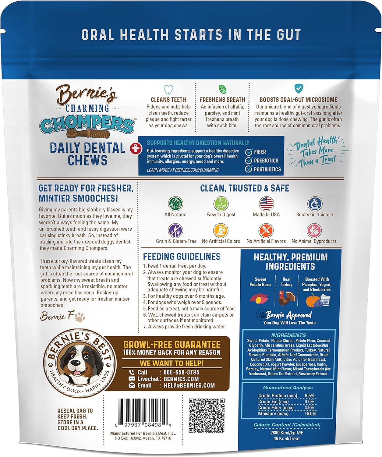 Bernie's Charming Chompers - Daily Dental Chews for Dogs 15-25 Lbs. - 30 Count - Cleans Teeth, Freshens Breath, + Boosts Oral-Gut Microbiome. Easy to Digest, Supports Healthy Digestion Naturally