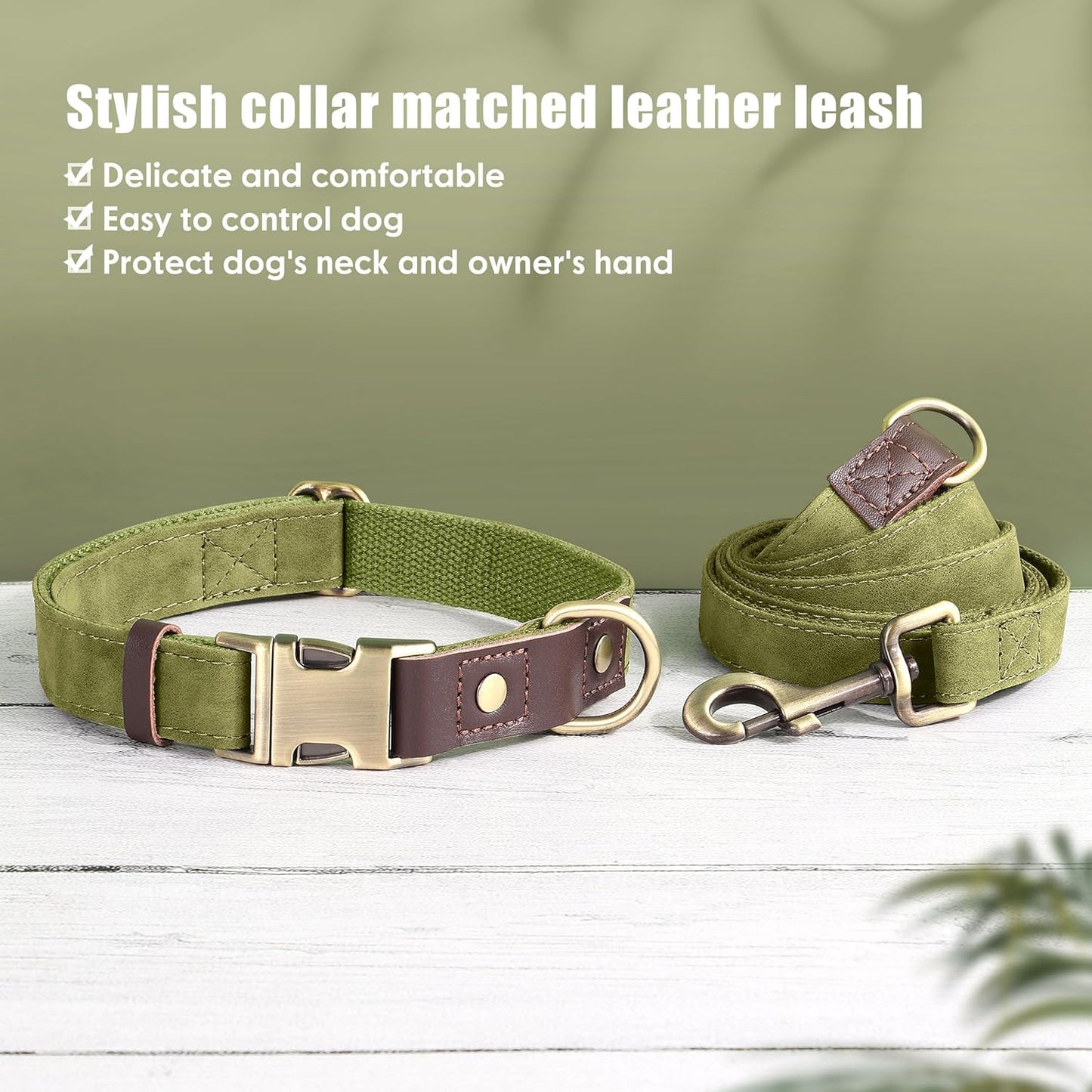 Didog Soft PU Leather Dog Collar for Large Dogs,Classic Adjustable Dog Collars with Quick Release Metal Buckle,Easy Clean and Comfortable with Nylon Lining,Olive Green,L Neck 15-23"