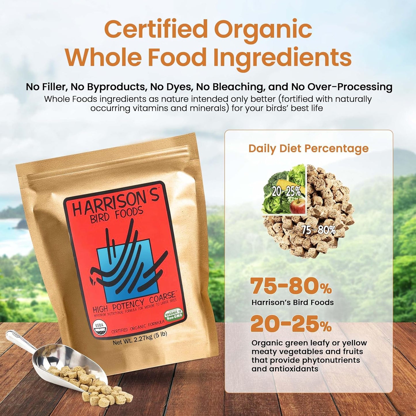 Harrison's Bird Foods High Potency Coarse—Maximum Nutritional Formula for Medium to Large Birds, Certified Organic Non-GMO Pet Bird Food, Vet-Developed, Suitable for All Life Stages, 2.27 kg/ 5 lb