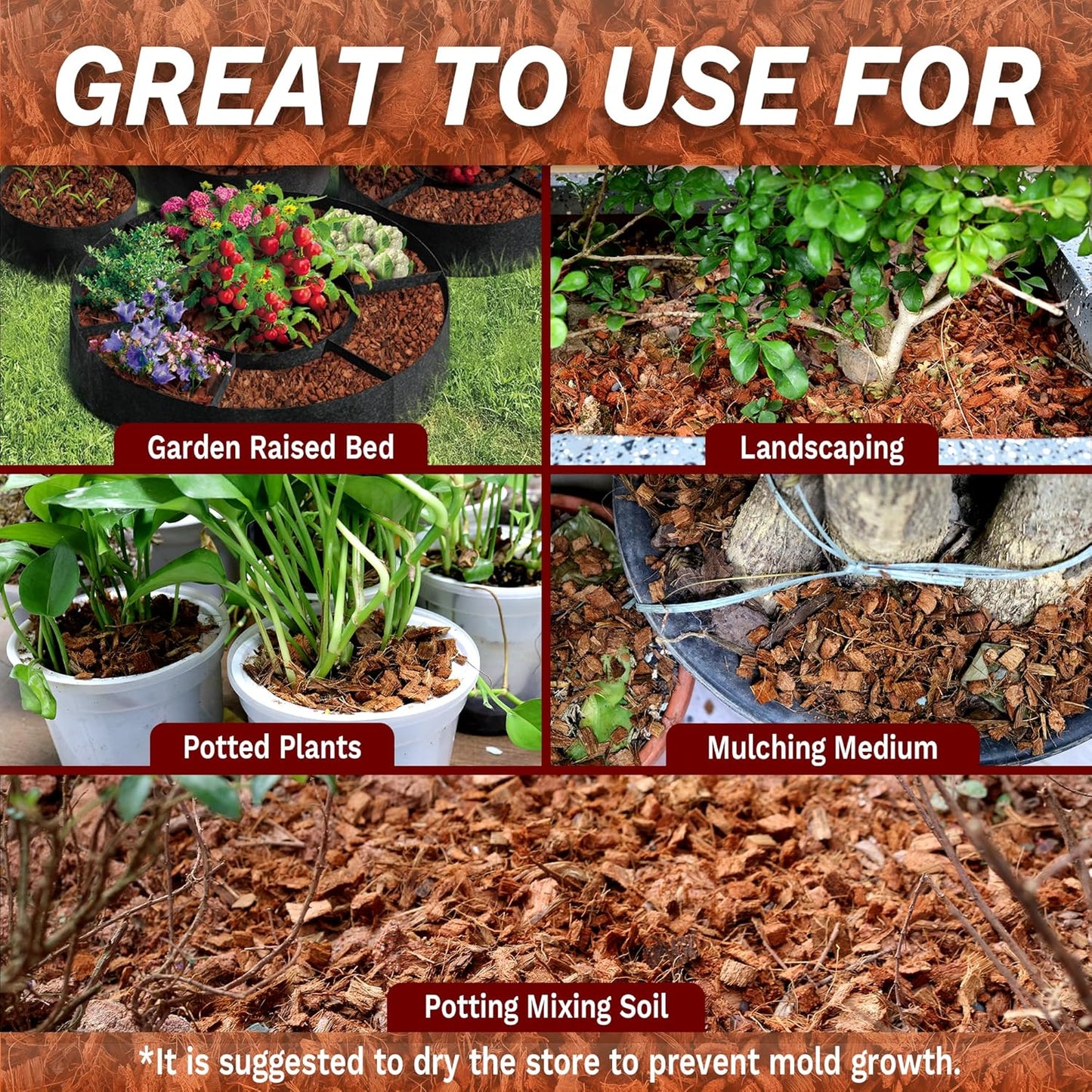 Coco Chips for Plant - COCOUNT Shell 6 Pack Organic Coconut Husk Chips with Low EC & PH Balanced, High Expansion Coconut Substrate Coco Husk Mulch for Garden, Flowers and Reptile'