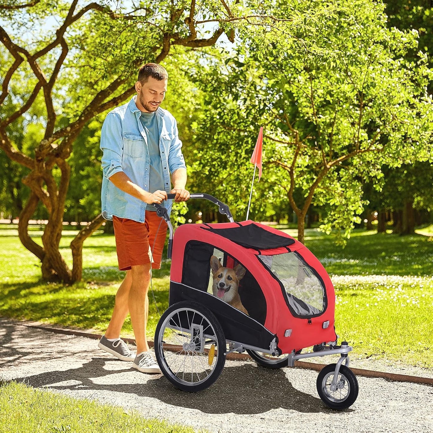 Aosom Dog Bike Trailer 2-in-1 Pet Stroller with Canopy and Storage Pockets
