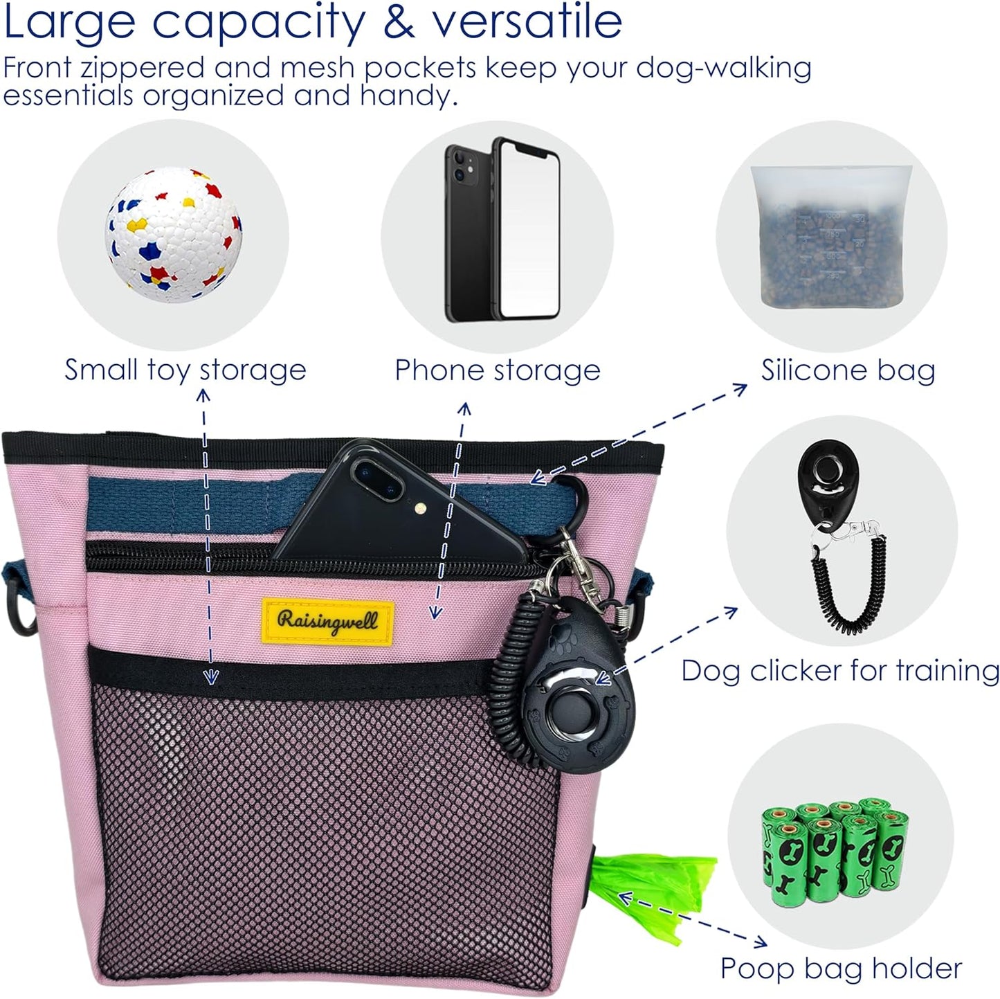 Dog Treat Pouch with Magnetic Closure 4-Cup Silicone Bag Fanny Pack Holder with Clicker 4 Ways to Wear Front Pocket Fits All Phones Ideal for Leash, Pet Walking and Training（Pink）