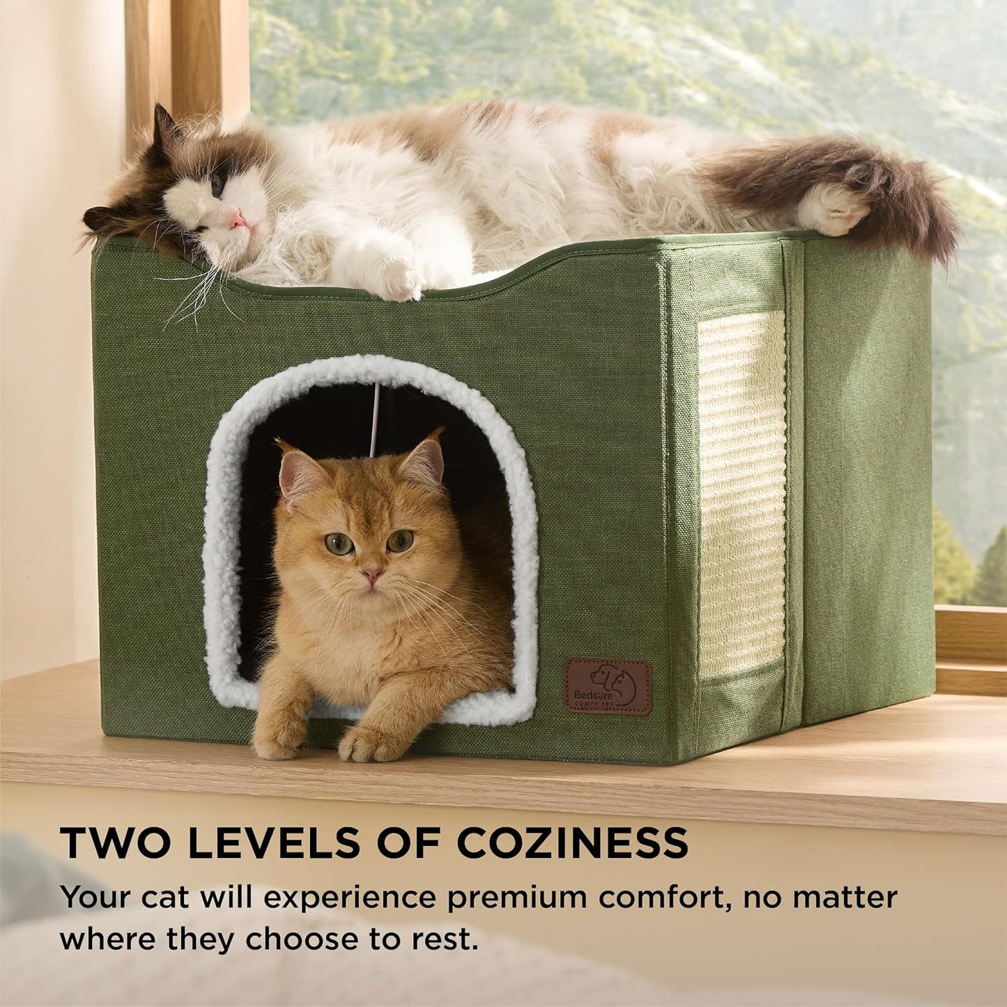 Bedsure Cat Beds for Indoor Cats - Large Cat Cave for Pet Cat House with Fluffy Ball Hanging and Scratch Pad, Foldable Cat Hideaway, 16.5x16.5x13 inches, Loden Green
