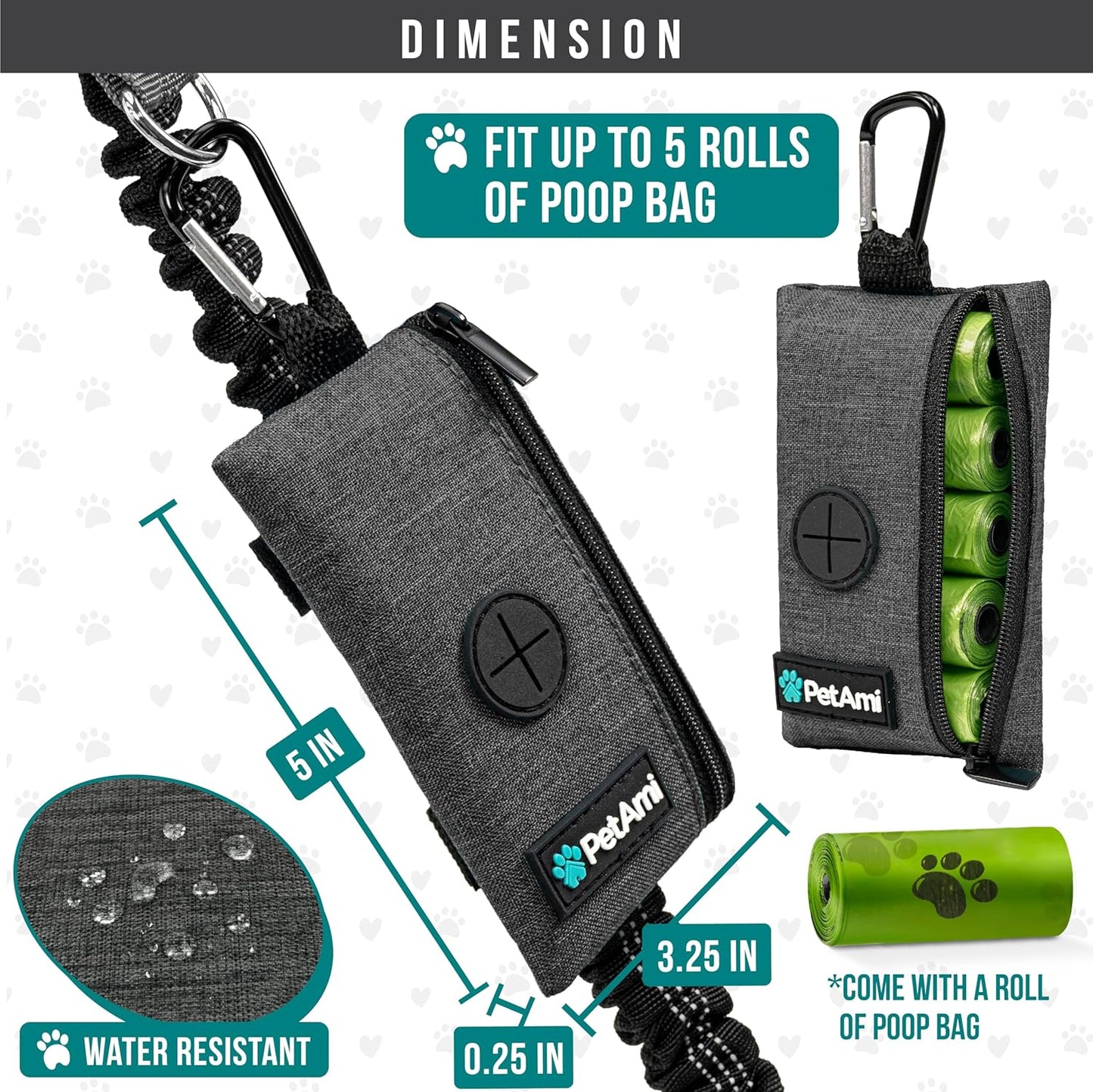 PetAmi Dog Poop Bag Holder for Leash, Dog Waste Bag Dispenser with Clip, Treat Pouch, Walking & Camping Accessory with Trash Bag Roll, Gray 1 Pack