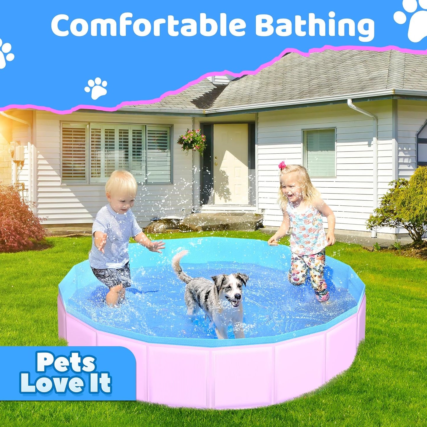2025 Updated Foldable Dog Pool, 71" x 12" Kiddie Pool with Hard Plastic, Non-Slip Dog Bath Tub for Outdoor Backyard, Collapsible Dog Swimming Pool for Kids Dogs Pets (Pink)