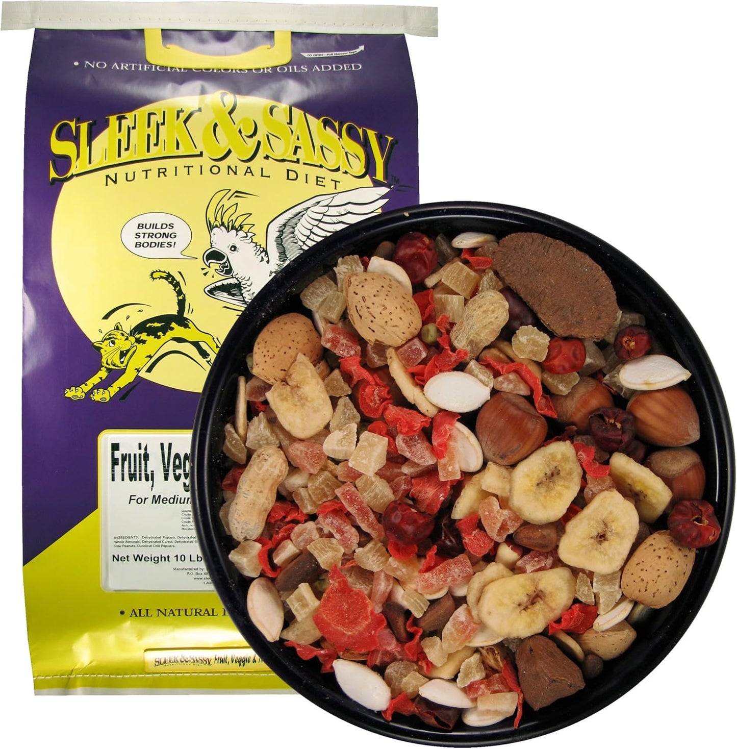 SLEEK & SASSY Fruit, Veggie, Nut Parrot Treat Perfect for Large Conures, Amazons, African Greys, Cockatoos, Pionus-Parrots & Macaws (10 lbs.)