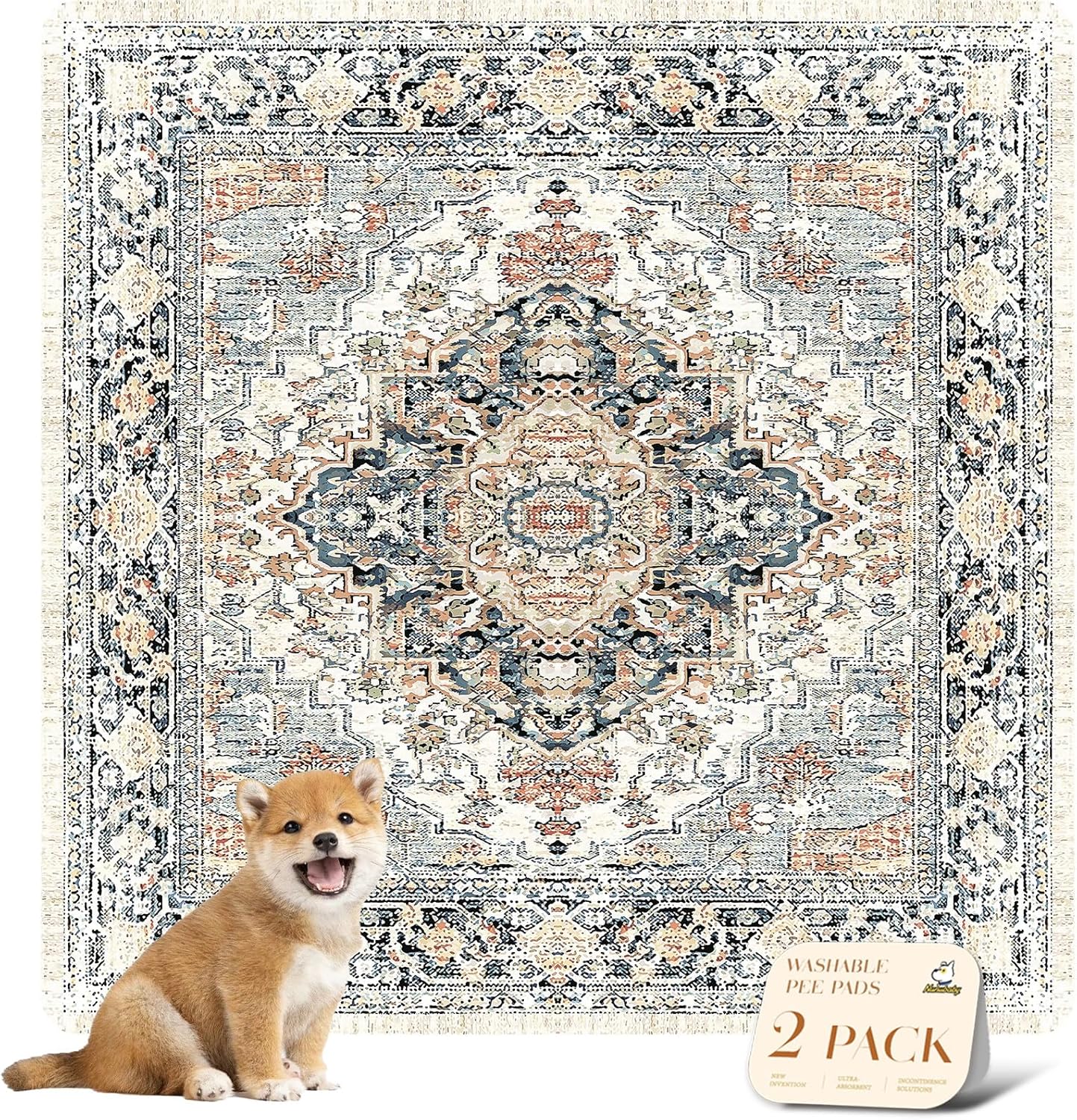 nunubaby Washable Pee Pads for Dogs, Stylish, Non-Slip and Leak-Proof Pee Pads. Reusable Potty Pads for Dogs for Crates and Floors.(Beige/Multi, 48" x48" )