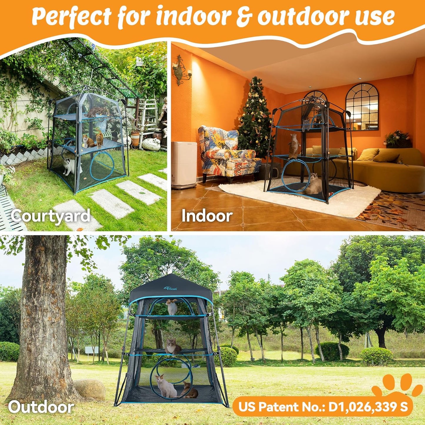 X-Large Catio Outdoor Cat Enclosure,3-Tier Spacious Outdoor Cat Tent for Indoors and Outdoors,Portable and Foldable Kitty Enclosure,Two Doors Design can Assemble More Shapes (Patented)
