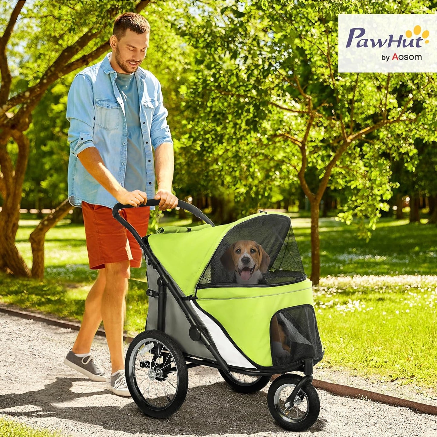 PawHut Dog Stroller, Pet Stroller 3 Wheels with Easy One-Hand Fold, Rubber Wheels, Storage Bag, Soft Cushion, Safety Leash, for Small & Medium Dogs, Yellowish Green