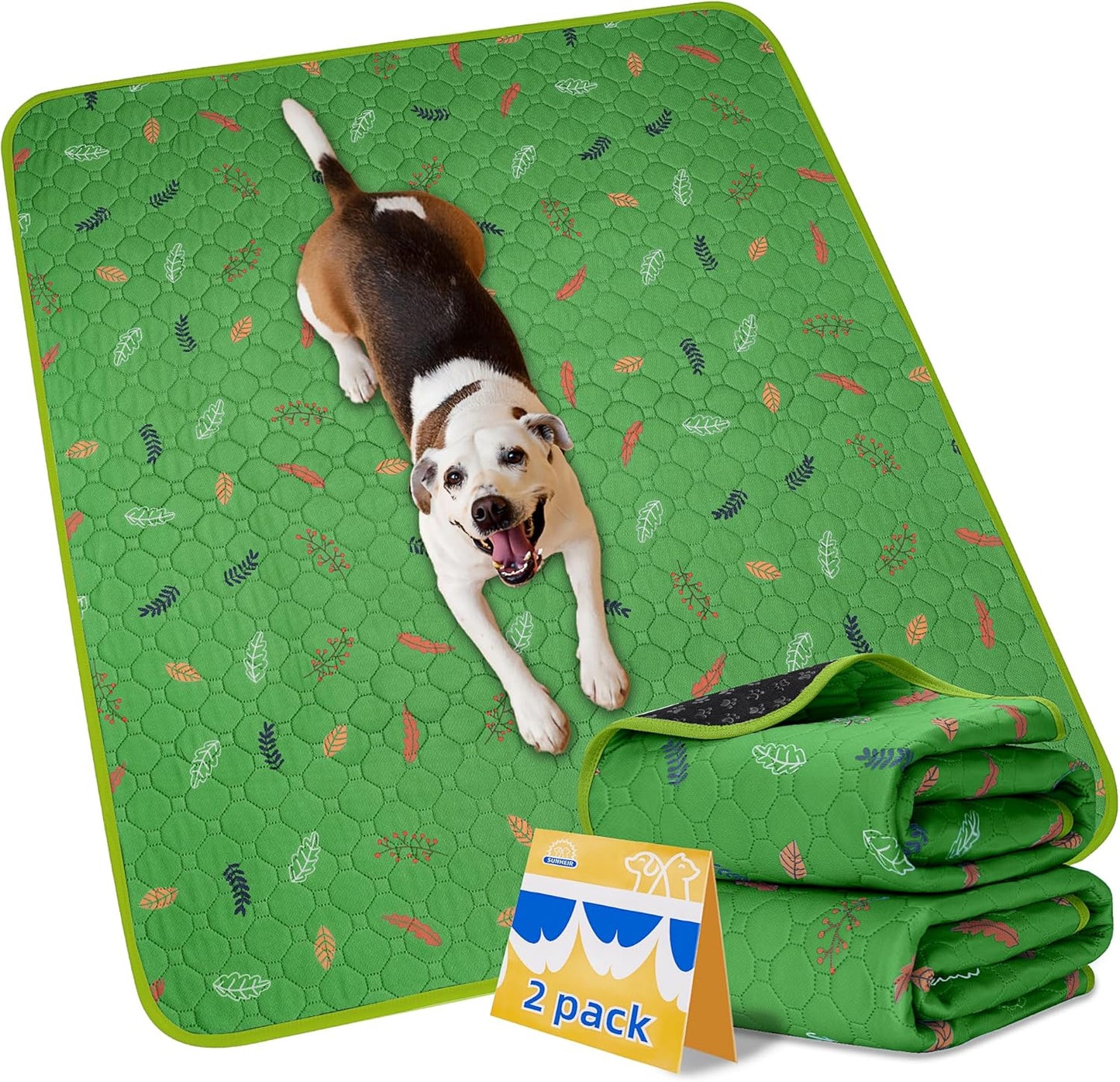 Sunheir 2-Pack Extra Large Reusable Dog Mat for Floor, Dog Playpen, Non-Slip Waterproof Super Absorbent Washable Pee Pads for Dogs, Pet Whelping Pads, Potty Training - Green, 36" x 41"