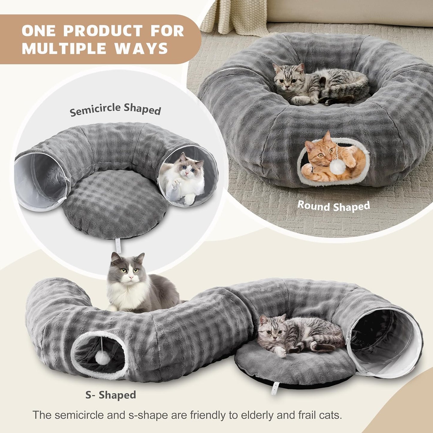 Bubble Cat Tunnel for Indoor Cats, Round Peekaboo Cave Toy with Dangling Balls, Donut Tunnel Bed with Circle Mat for Puppy Kitten Rabbit, Grey