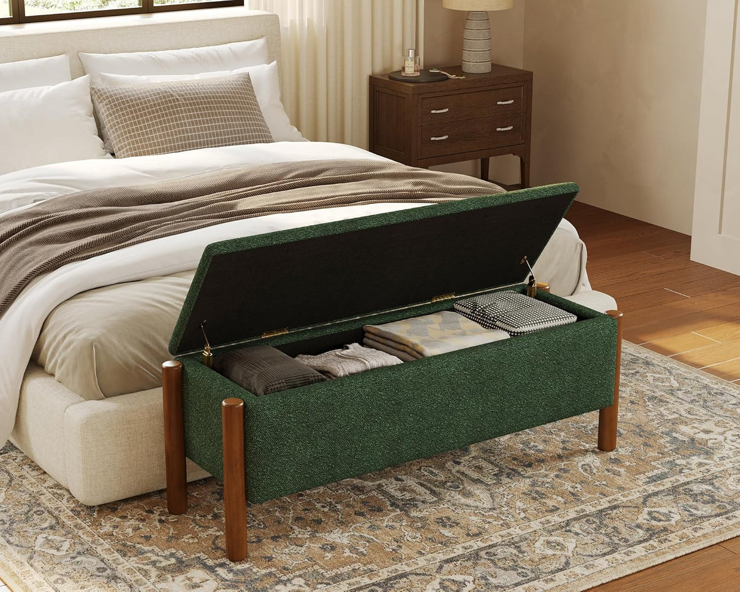 Storage Ottoman Bench, End of Bed Bench for Bedroom, 47" Boucle Upholstered Entryway Shoe Seat Benches, Holds up to 660 lb Storage Ottoman, Padded Blanket Chest Stool Foot Rest for Living Room Green