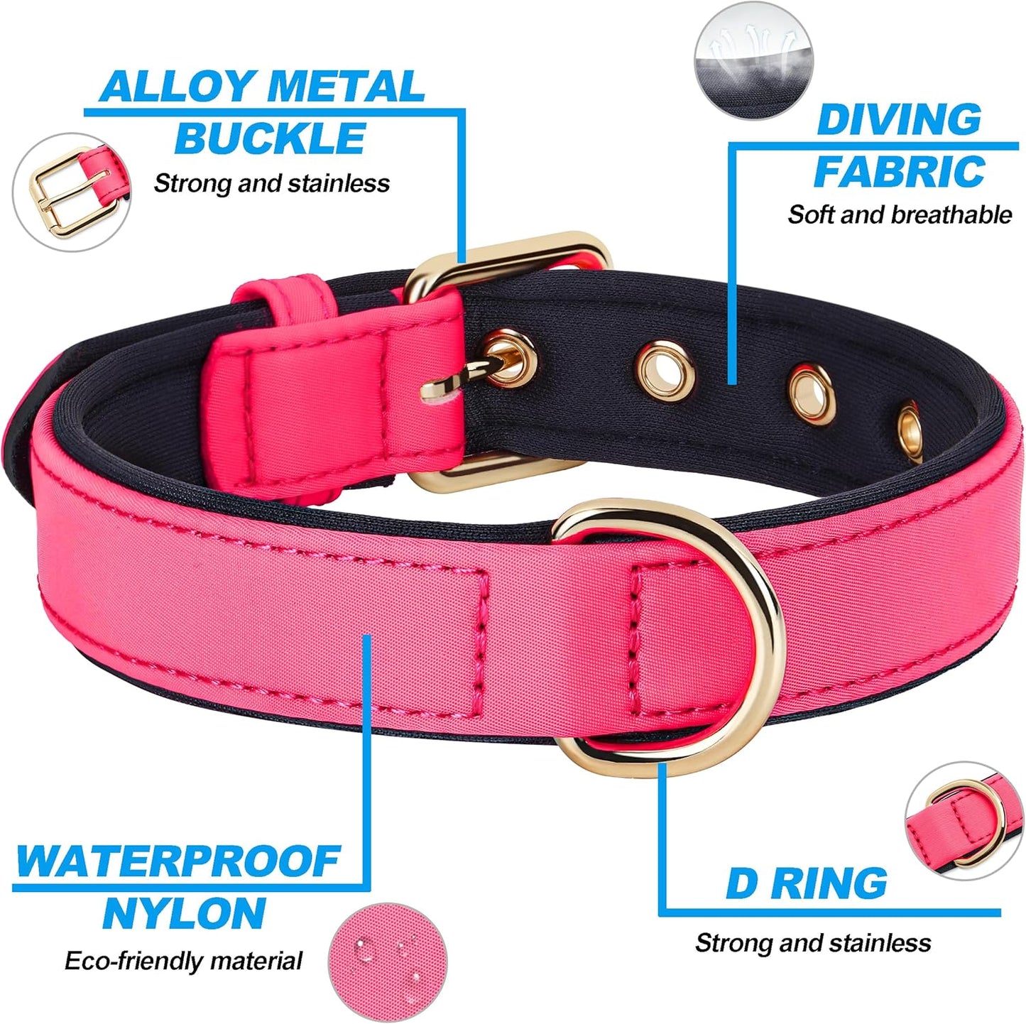 Didog Soft Padded Dog Collars for Medium Dogs, Lightweight and Breathable Pink Dog Collar with Metal Buckle, Pink, L