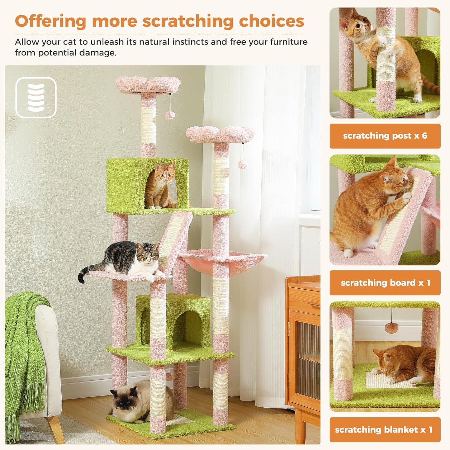 PAWZ Road 70 Inch Cat Tower, Pink Cat Tree with 2 Cozy Condos, 2 Plush Perch, Large Basket, 2 Scraching Pad & 6 Scraching Posts for Indoor Cats Large Adult