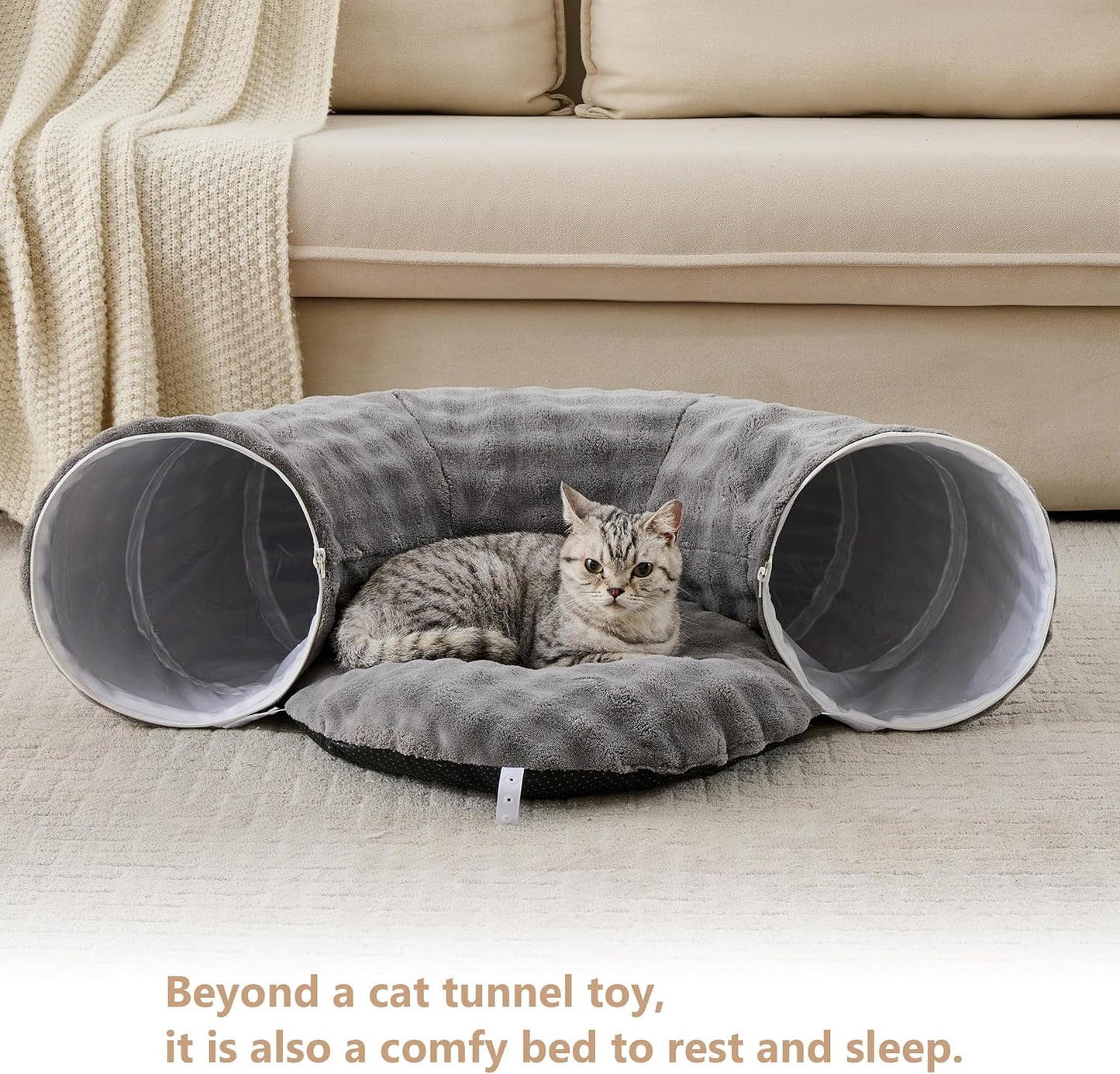 Bubble Cat Tunnel for Indoor Cats, Round Peekaboo Cave Toy with Dangling Balls, Donut Tunnel Bed with Circle Mat for Puppy Kitten Rabbit, Grey