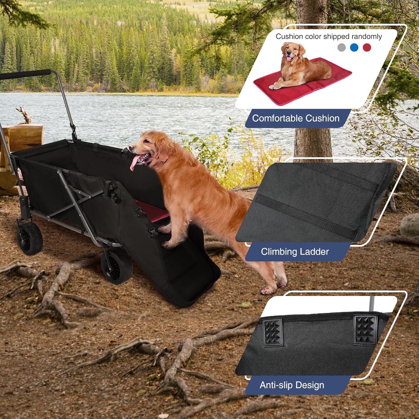 REDCAMP Folding Dog Wagon Cart with Extendable Rear End Heavy Duty, 220L Large Collapsible Utility Cart Dog Stroller with Tailgate for Sports Shopping Pet, Black