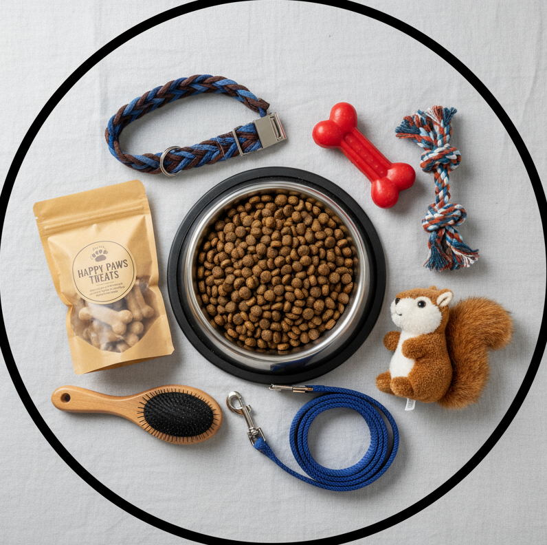 circle photo of pet supplies (dog), make a real photo